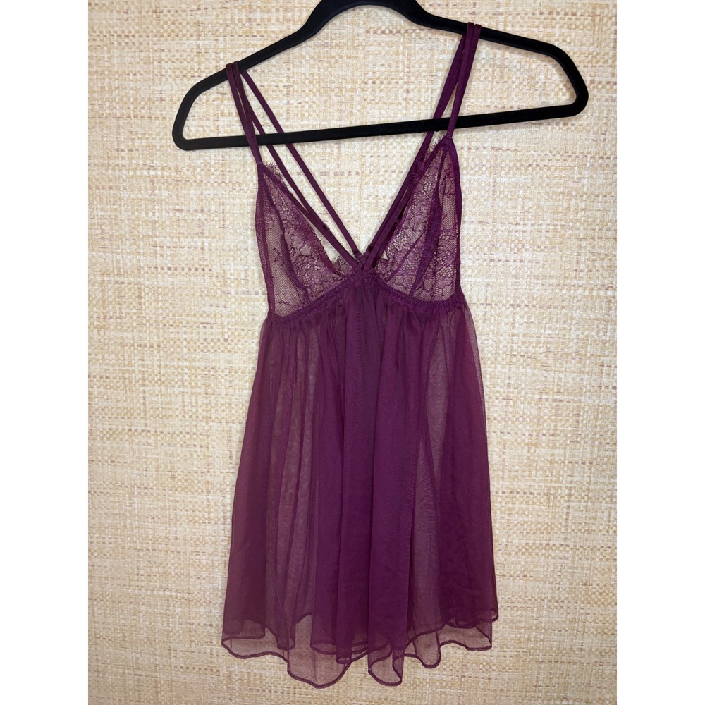 Victoria's Secret Plum Purple Lace Mesh Strappy Babydoll Chemise Lingerie M